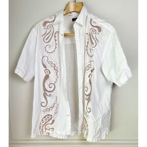 Cafe Luna Shirt Mens Button Up Short Sleeve Paisley Design Size XL White Brown